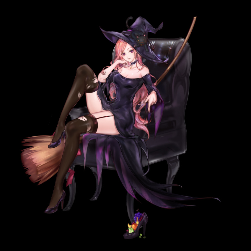 1girl 96dgd absurdres armchair bare_shoulders black_background breasts broom chair chin_rest cleavage collarbone covered_navel dress dungeon_and_fighter eyebrows_visible_through_hair full_body garter_straps hand_on_own_cheek hat high_heels highres jewelry leg_up looking_at_viewer medium_breasts pink_eyes pink_hair purple_collar purple_dress purple_footwear simple_background solo strapless strapless_dress thigh-highs torn_clothes torn_thighhighs wide_sleeves witch witch_hat