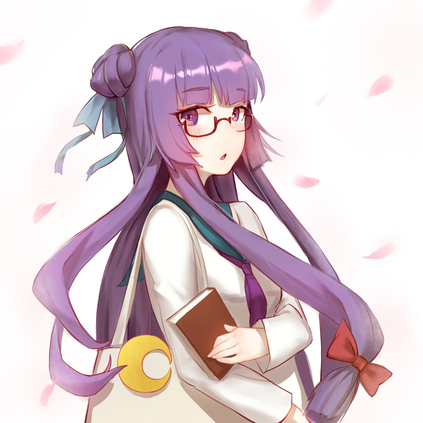 1girl absurdres alternate_costume bag bangs bespectacled blue_ribbon blunt_bangs blush book bow breasts commentary_request crescent crescent_moon_pin double_bun eyebrows_visible_through_hair glasses hair_bow hair_ribbon highres holding holding_book long_hair long_sleeves looking_at_viewer no_hat no_headwear parted_lips patchouli_knowledge petals purple_hair purple_neckwear red-framed_eyewear red_bow ribbon sailor_collar school_uniform serafuku sidelocks simple_background small_breasts sndbr solo touhou upper_body very_long_hair white_background white_serafuku