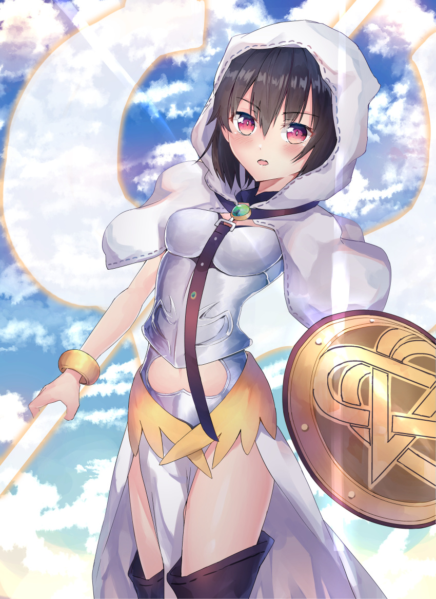 1girl absurdres armor armored_dress black_hair black_legwear blush bracelet breastplate clouds dress fate/grand_order fate_(series) highres holding holding_staff jewelry looking_at_viewer muragaki_(sgxx4878) ortlinde_(fate/grand_order) red_eyes shield short_hair sky solo staff thigh-highs valkyrie_(fate/grand_order) white_dress wings zettai_ryouiki