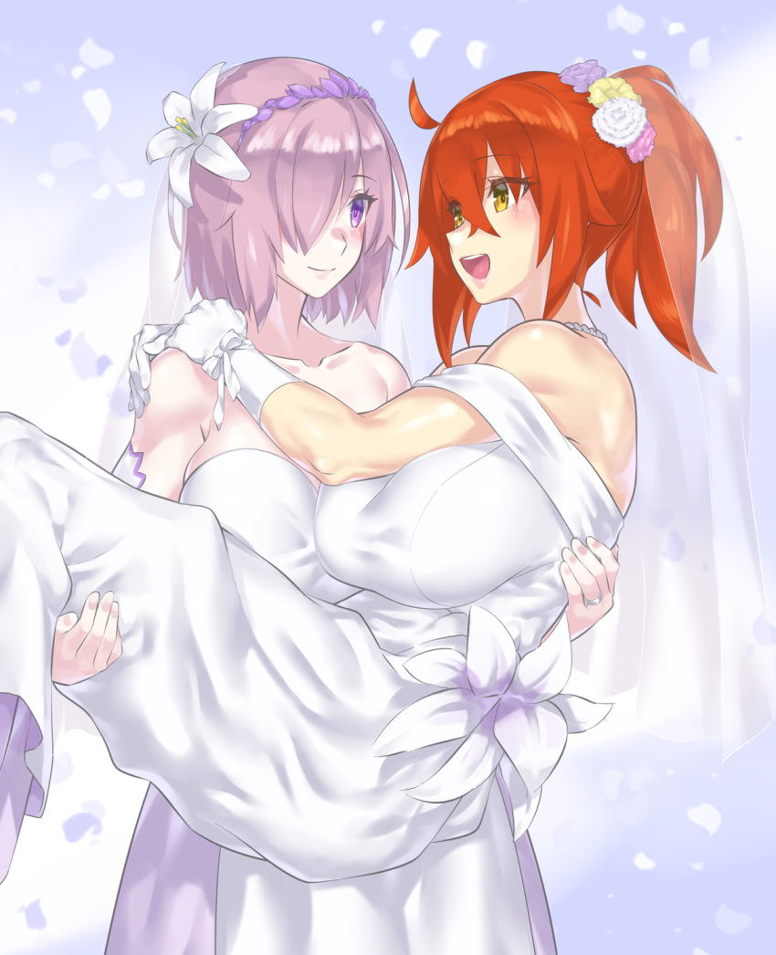 2girls ahoge bare_shoulders breasts bridal_veil bride carrying detached_sleeves dress fate/grand_order fate_(series) flower formal fujimaru_ritsuka_(female) gloves hair_over_one_eye highres large_breasts lavender_hair mash_kyrielight mizuumi_(bb) multiple_girls open_mouth orange_eyes orange_hair princess_carry rose short_hair side_ponytail smile strapless strapless_dress veil violet_eyes wedding wedding_dress white_dress white_gloves wife_and_wife yuri