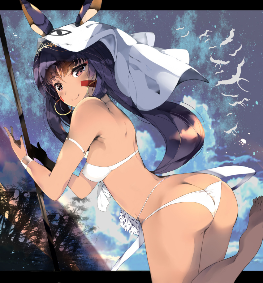 1girl animal_ears bangs bare_shoulders bikini blanket blue_sky bracelet breasts closed_mouth dark_skin earrings erect_nipples eyebrows_visible_through_hair facepaint facial_mark fate/grand_order fate_(series) from_side hairband hands_up highres hips hoop_earrings jackal_ears jewelry leg_up letterboxed long_hair looking_at_viewer low-tied_long_hair medjed night night_sky nitocris_(fate/grand_order) nitocris_(swimsuit_assassin)_(fate) outdoors purple_hair sidelocks sky small_breasts smile solo standing standing_on_one_leg star_(sky) starry_sky swimsuit thighs tree twisted_neck venomrobo very_long_hair violet_eyes waist white_bikini wristband