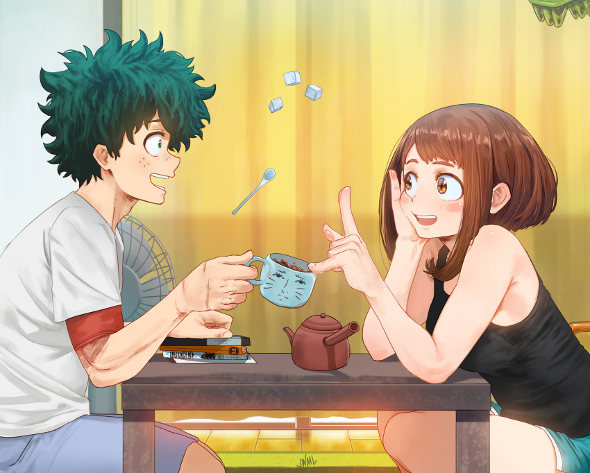 1boy 1girl :d arm_support bangs bare_arms bare_shoulders black_camisole blush_stickers boku_no_hero_academia book brown_eyes brown_hair camisole cup curtains floating freckles from_side green_eyes green_hair hand_on_own_cheek hand_rest hand_up head_rest highres holding holding_cup index_finger_raised indoors justin_leyva_(steamy_tomato) looking_up medium_hair messy_hair midoriya_izuku open_mouth parted_bangs scar shirt short_hair short_sleeves shorts sidelocks sitting smile spoon sugar_cube table teapot upper_body uraraka_ochako white_shirt