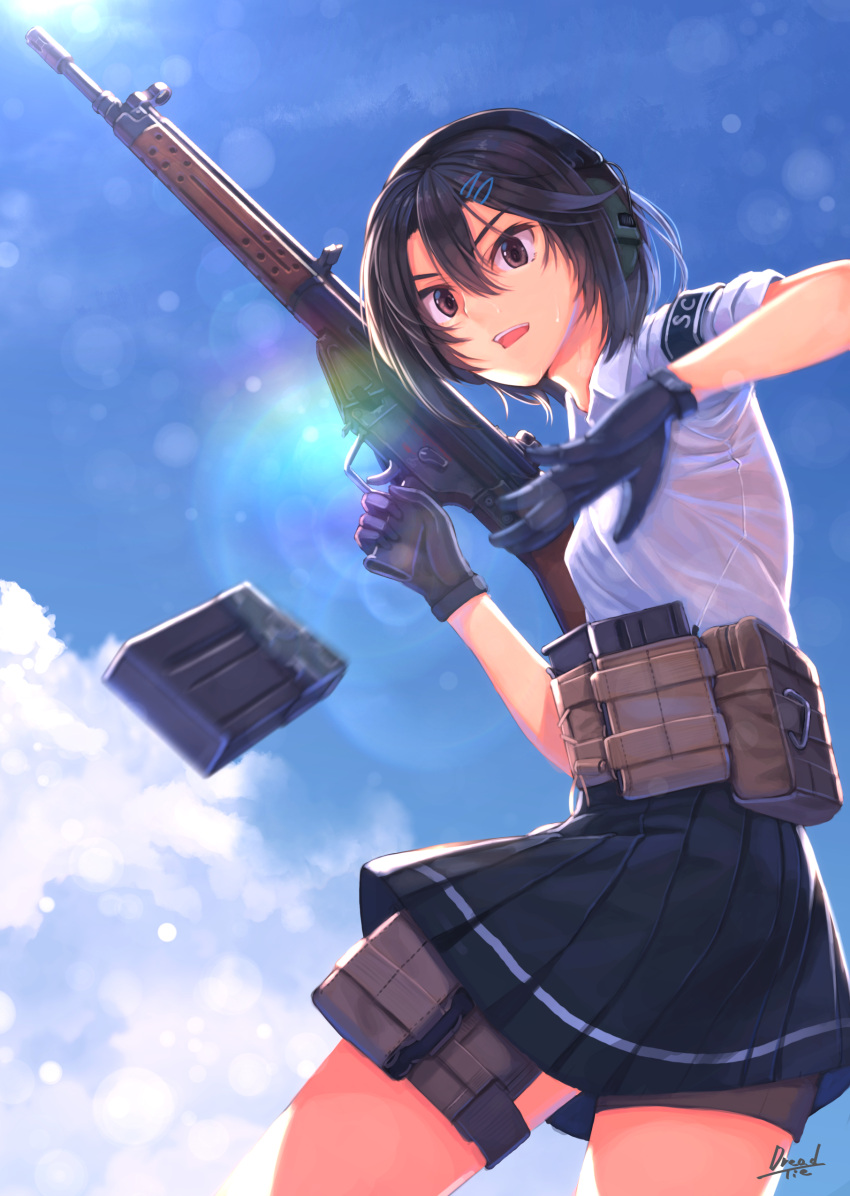 1girl absurdres black_hair blue_sky blurry bokeh brown_eyes day depth_of_field dreadtie gloves gun hair_ornament hairclip highres magazine_(weapon) motion_blur open_mouth original outdoors pleated_skirt short_hair signature skirt sky solo weapon