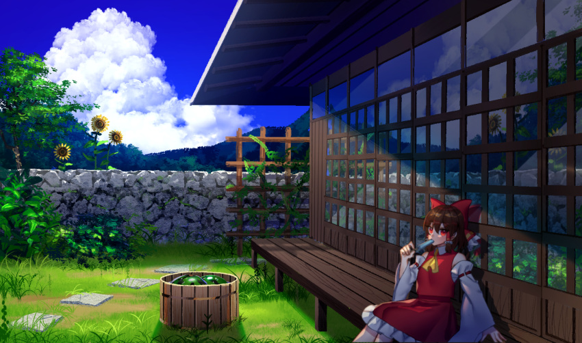 1girl architecture blue_sky bow brown_hair bucket clouds cravat day detached_sleeves east_asian_architecture eating feet_out_of_frame flower food frilled_skirt frills fruit grass hair_bow hair_tubes hakurei_reimu kanou_(natsuno0223) long_hair looking_at_viewer mountain outdoors ponytail popsicle red_eyes red_skirt red_vest reflection scenery sidelocks sideways_glance sitting skirt skirt_set sky sliding_doors solo stepping_stones stone_wall summer sunflower touhou tree trellis veranda vest wall watermelon yellow_neckwear