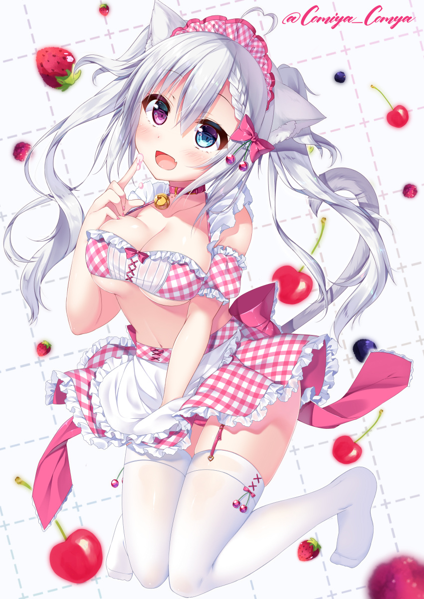 1girl :d absurdres ahoge animal_ears apron bangs bare_shoulders bell bell_collar blue_eyes blueberry blush breasts cat_ears cat_girl cat_tail cherry cleavage collar collarbone commentary_request detached_sleeves eyebrows_visible_through_hair fang food food_on_finger frilled_apron frilled_skirt frills fruit garter_straps gingham hair_between_eyes head_tilt heart_ahoge heterochromia highres jingle_bell komiya_hitoma large_breasts long_hair looking_at_viewer maid navel no_shoes open_mouth original pink_collar pleated_skirt puffy_short_sleeves puffy_sleeves raspberry short_sleeves silver_hair skirt smile solo strawberry tail tail_raised thigh-highs twintails twitter_username very_long_hair violet_eyes waist_apron white_apron white_legwear