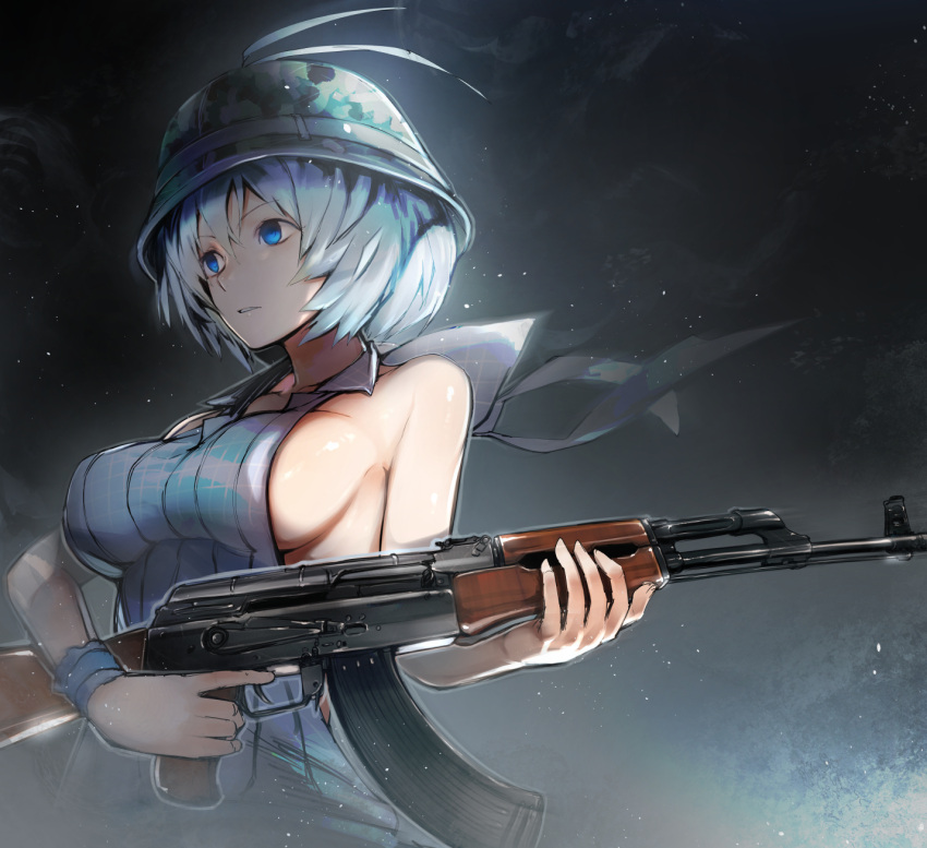 1girl akm antenna_hair bangs bare_shoulders blue_eyes breasts camouflage collarbone dennou_shoujo_youtuber_shiro empty_eyes erect_nipples gun hair_between_eyes helmet highres holding holding_gun holding_weapon large_breasts nishiide_kengorou no_bra shiro_(dennou_shoujo_youtuber_shiro) short_hair sideboob solo trigger_discipline upper_body virtual_youtuber weapon white_hair wristband