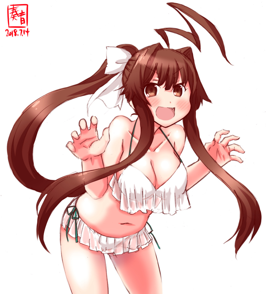 1girl ahoge alternate_hairstyle artist_logo bikini bow breasts brown_eyes brown_hair cleavage commentary_request cowboy_shot dated fang frilled_bikini frills hair_bow highres huge_ahoge kanon_(kurogane_knights) kantai_collection kuma_(kantai_collection) large_breasts leaning_forward long_hair looking_at_viewer navel open_mouth ponytail simple_background solo swimsuit white_background white_bikini white_bow