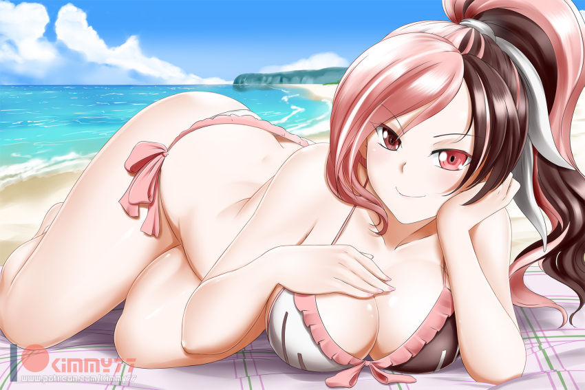 1girl alfred_cullado beach beach_towel bikini blue_sky blush breasts brown_eyes brown_hair butt_crack cleavage closed_mouth day eyebrows_visible_through_hair fingernails frilled_bikini frills heterochromia highres large_breasts long_hair looking_at_viewer lying multicolored multicolored_bikini multicolored_clothes multicolored_hair neo_(rwby) on_stomach outdoors pink_eyes pink_hair ponytail rwby shiny shiny_hair shiny_skin shore side-tie_bikini sky smile solo swimsuit towel two-tone_hair water white_hair