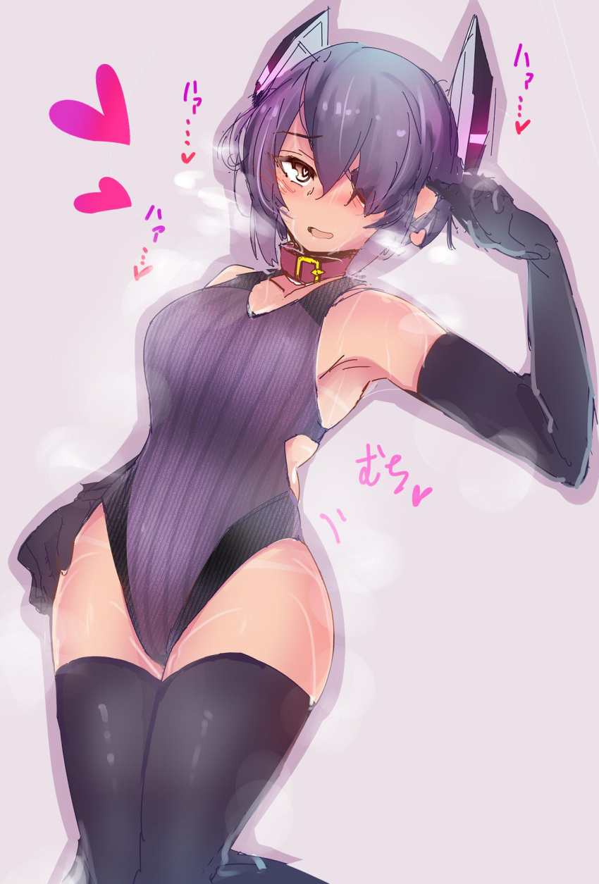 1girl akitsuchi_shien black_gloves black_legwear breasts breath collar competition_swimsuit cowboy_shot dog_collar elbow_gloves eyepatch gloves grey_background hair_over_one_eye headgear heart highres kantai_collection large_breasts looking_at_viewer one-piece_swimsuit purple_hair purple_swimsuit short_hair simple_background solo standing striped striped_swimsuit swimsuit tenryuu_(kantai_collection) thigh-highs yellow_eyes