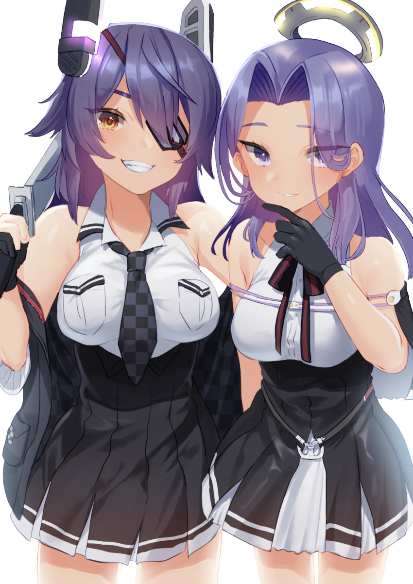 2girls anchor bangs bare_shoulders black_gloves black_skirt breasts capelet checkered checkered_neckwear cowboy_shot eyepatch finger_to_mouth folded_ponytail gloves grin headgear high-waist_skirt highres holding holding_sword holding_weapon kantai_collection large_breasts long_hair looking_at_viewer mechanical_halo medium_breasts mizuki_eiru_(akagi_kurage) multiple_girls necktie over_shoulder parted_bangs parted_lips partly_fingerless_gloves pleated_skirt purple_hair short_hair skirt sleeveless smile smirk sword sword_over_shoulder tatsuta_(kantai_collection) tenryuu_(kantai_collection) violet_eyes weapon weapon_over_shoulder white_background yellow_eyes