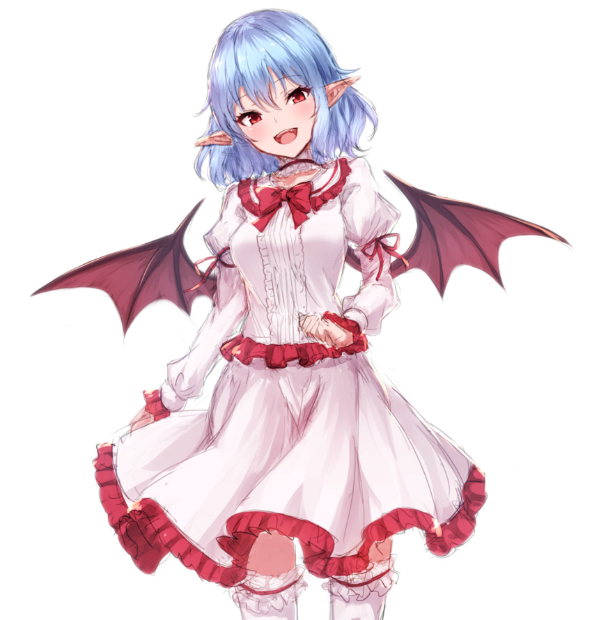 1girl :d arm_ribbon bat_wings blue_hair blush bow bowtie breasts center_frills choker commentary dress eyebrows_visible_through_hair feet_out_of_frame frilled_choker frilled_dress frilled_shirt_collar frills hair_between_eyes head_tilt highres juliet_sleeves junior27016 leg_garter long_sleeves looking_at_viewer medium_breasts no_hat no_headwear open_mouth pointy_ears puffy_sleeves red_bow red_eyes red_neckwear red_ribbon remilia_scarlet revision ribbon short_hair simple_background sketch smile solo standing thigh-highs touhou white_background white_dress white_legwear wings zettai_ryouiki