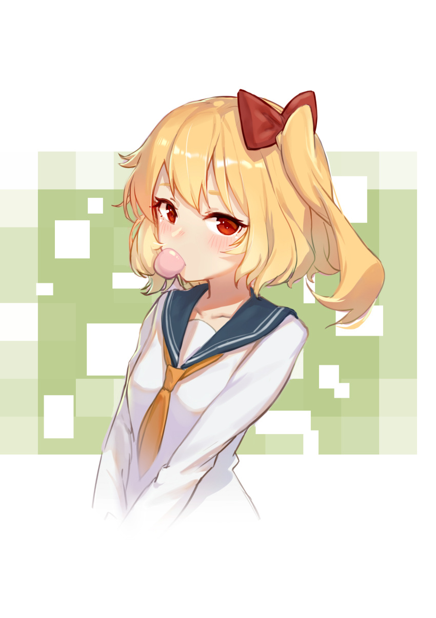 1girl absurdres alternate_costume blonde_hair blush bow breasts bubble_blowing censored chewing_gum collarbone commentary_request contemporary cropped_torso flandre_scarlet green_background hair_bow highres long_sleeves mosaic_censoring no_hat no_headwear one_side_up red_bow red_eyes sailor_collar school_uniform serafuku short_hair small_breasts sndbr solo touhou two-tone_background upper_body v_arms white_background white_serafuku yellow_neckwear