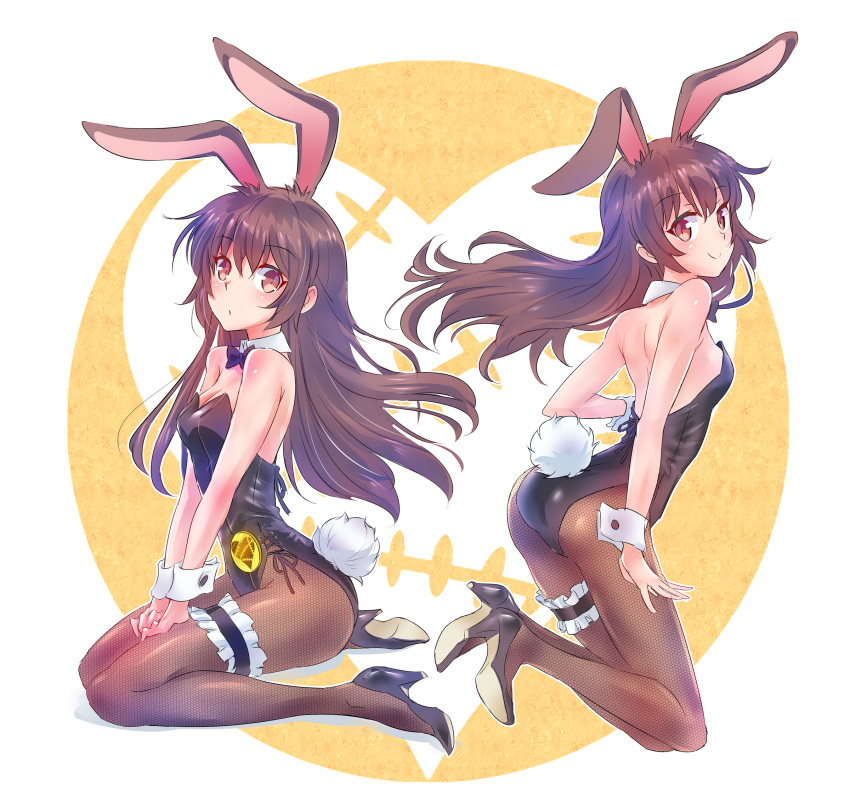 2girls animal_ears ass badge bare_shoulders bow bowtie breasts brown_eyes brown_hair brown_legwear bunny_girl bunny_tail bunnysuit button_badge cleavage dual_persona extra_ears eyebrows_visible_through_hair fishnet_pantyhose fishnets from_side full_body high_heels highres iesupa leaning_forward leg_garter leotard long_hair medium_breasts multiple_girls pantyhose rabbit_ears rwby sitting smile tail velvet_scarlatina wariza wrist_cuffs