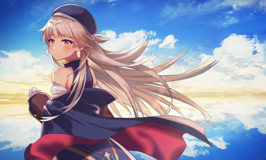 1girl azur_lane bangs beret blue_dress blue_hat blue_jacket blue_sky blush brown_eyes closed_mouth clouds cloudy_sky commentary_request dated day dress eyebrows_visible_through_hair gloves hat headpiece horizon jacket light_brown_hair long_hair long_sleeves looking_at_viewer looking_back mole mole_under_eye ocean off_shoulder open_clothes open_jacket outdoors puffy_long_sleeves puffy_sleeves reflection ronica signature sky sleeveless sleeveless_dress solo very_long_hair water white_gloves z46_(azur_lane)