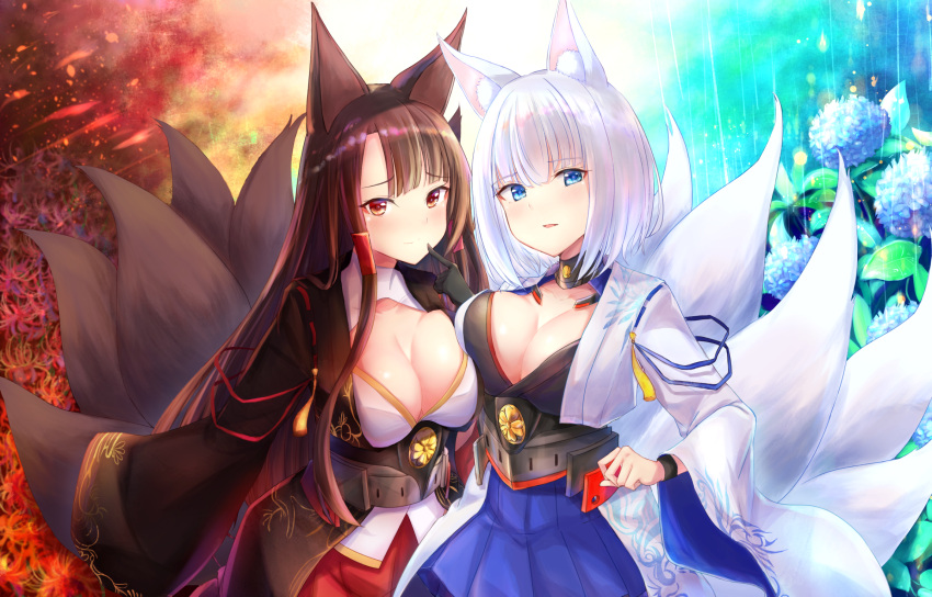 2girls agibe akagi_(azur_lane) animal_ears azur_lane bangs blue_eyes blue_skirt blunt_bangs breast_press breasts brown_eyes brown_hair cleavage cleavage_cutout collarbone eyebrows_visible_through_hair fox_ears fox_tail highres kaga_(azur_lane) large_breasts looking_at_viewer multiple_girls multiple_tails parted_lips pleated_skirt red_skirt short_hair silver_hair skirt standing symmetrical_docking tail