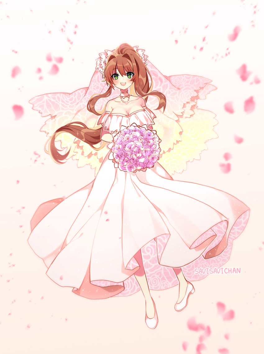 1girl :d artist_name bare_shoulders bouquet breasts bridal_veil bride brown_hair choker cleavage collarbone commentary doki_doki_literature_club dress english_commentary eyebrows_visible_through_hair eyes_visible_through_hair flower full_body green_eyes highres large_breasts long_hair looking_at_viewer monika_(doki_doki_literature_club) open_mouth petals ponytail savi_(byakushimc) shoes smile solo strapless strapless_dress veil wedding_dress white_choker white_dress white_footwear