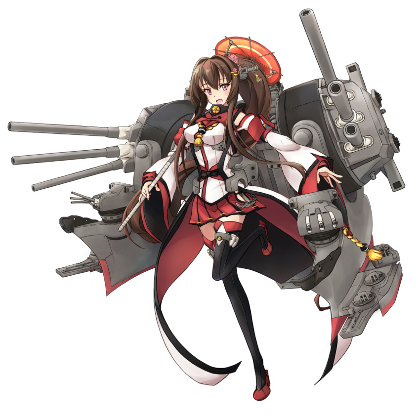 1girl adapted_costume anchor breasts brown_hair cherry_blossoms detached_sleeves flower hair_flower hair_ornament headgear highres kantai_collection large_breasts long_hair miniskirt minosu oriental_umbrella pink_eyes ponytail red_skirt rigging sarashi simple_background skirt solo thigh-highs turret umbrella very_long_hair white_background wide_sleeves yamato_(kantai_collection)