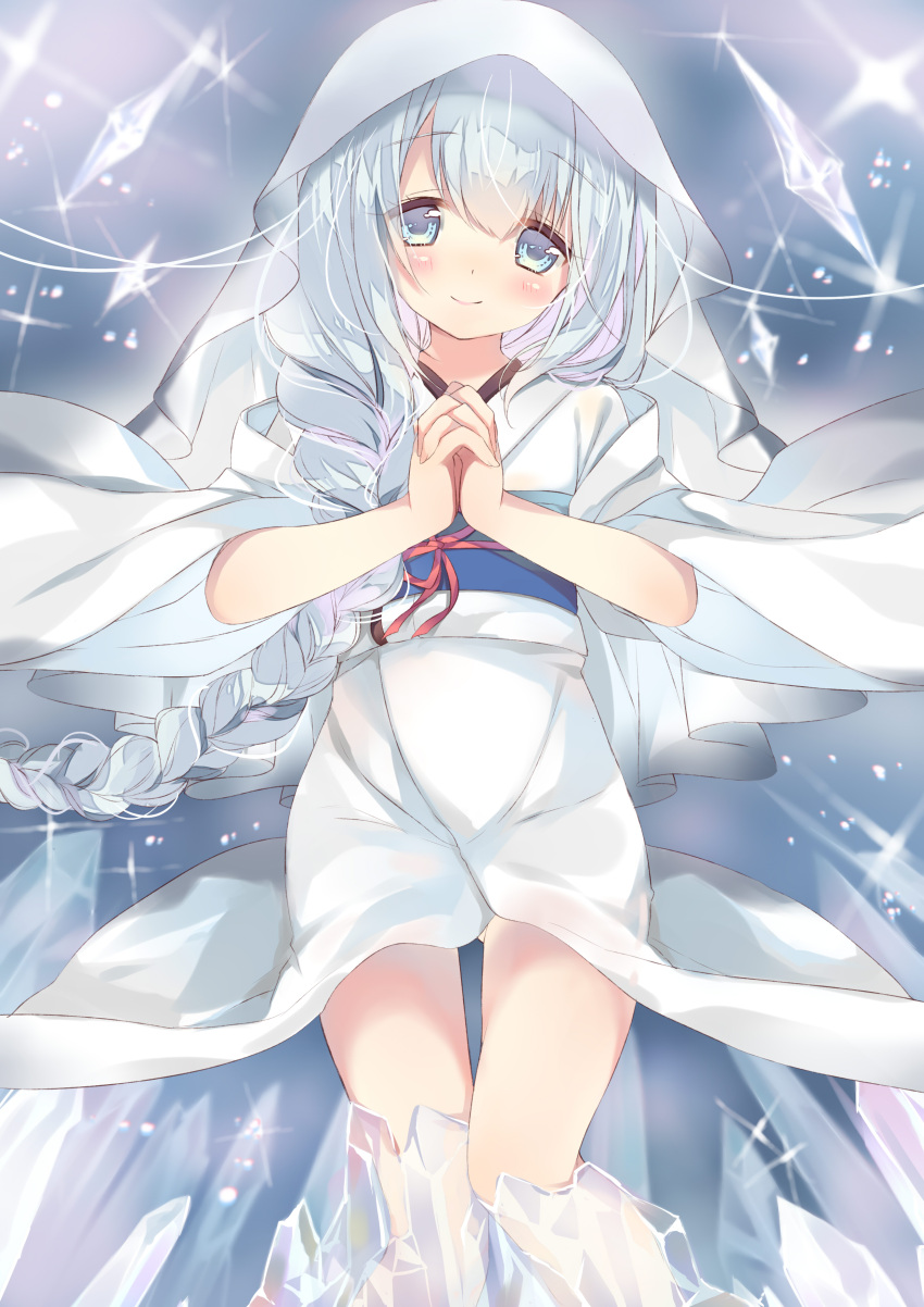 1girl absurdres ame_usari bangs blue_eyes blush braid closed_mouth commentary_request eyebrows_visible_through_hair fingernails hair_between_eyes hands_clasped hands_up head_tilt highres hiyuki-chan hood hood_up ice japanese_clothes kimono long_hair long_sleeves looking_at_viewer obi own_hands_together sash side_braid sidelocks silver_hair smile solo sound_voltex very_long_hair white_kimono wide_sleeves