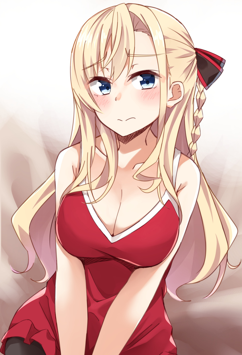 1girl absurdres bangs bare_arms bare_shoulders black_bow black_legwear blonde_hair blue_eyes blush bow braid breasts cleavage closed_mouth collarbone commentary_request dress eyebrows_visible_through_hair hair_between_eyes hair_bow high_school_fleet highres kapatarou large_breasts long_hair looking_at_viewer pantyhose red_dress side_braid single_braid sitting sleeveless sleeveless_dress solo striped striped_bow v_arms very_long_hair wilhelmina_braunschweig_ingenohl_friedeburg