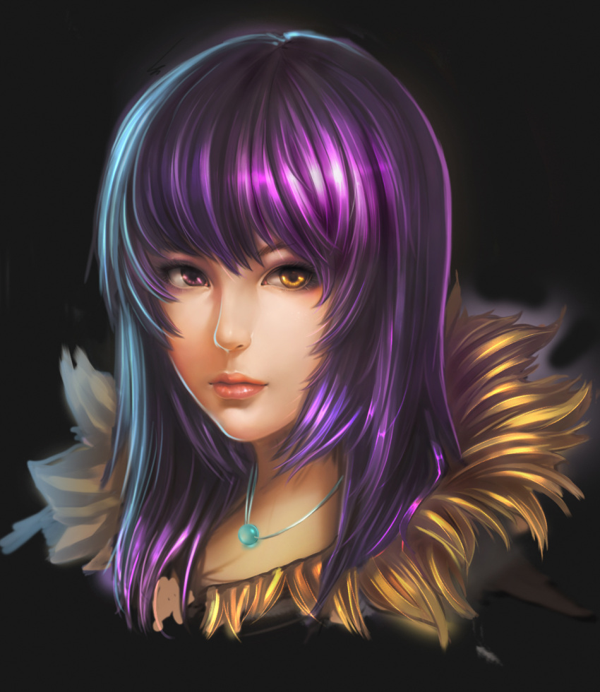 1girl bangs black_background closed_mouth commentary_request expressionless face fur_collar hair_between_eyes heterochromia highres jewelry lips long_hair looking_at_viewer necklace nose original portrait purple_hair shiny shiny_hair simple_background solo violet_eyes yellow_eyes zhen_guodong