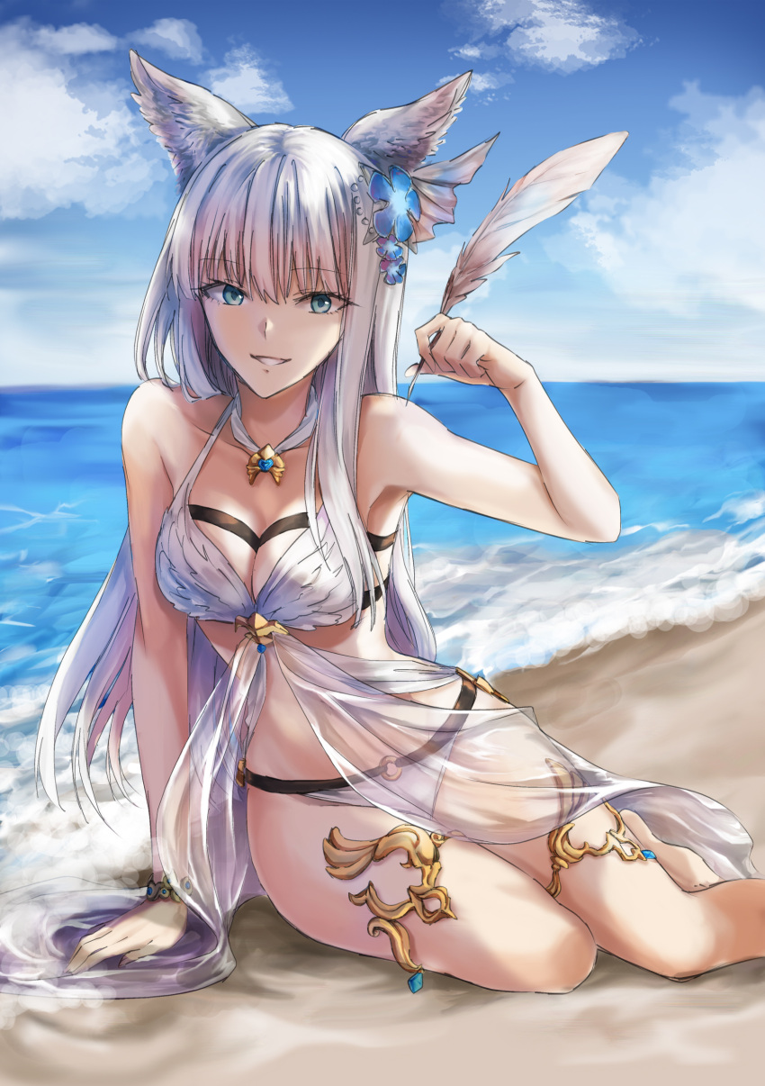 1girl :d absurdres animal_ears arm_support bangs beach bikini blue_eyes blue_sky blunt_bangs bracelet breasts cleavage clouds collarbone day eyebrows_visible_through_hair granblue_fantasy highres holding_feather jewelry korwa long_hair looking_at_viewer medium_breasts o-ring o-ring_bikini ocean open_mouth outdoors see-through silver_hair sitting sky smile solo suprii swimsuit thighlet very_long_hair white_bikini