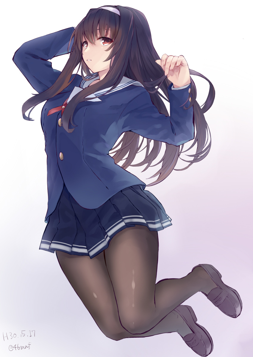 1girl bangs black_hair black_legwear breasts hairband highres kasumigaoka_utaha long_hair long_sleeves looking_at_viewer pantyhose pleated_skirt red_eyes saenai_heroine_no_sodatekata school_uniform shiromonefu skirt solo thighband_pantyhose white_hairband