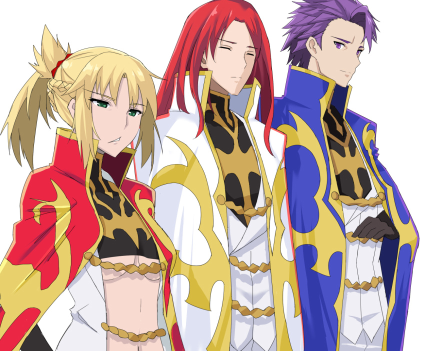 1girl 2boys black_gloves blonde_hair breasts cape code_geass cosplay fate/apocrypha fate/grand_order fate_(series) gloves green_eyes lancelot_(fate/grand_order) long_hair mordred_(fate) mordred_(fate)_(all) multiple_boys navel ponytail purple_hair redhead simple_background takara_joney tristan_(fate/grand_order) under_boob violet_eyes white_background