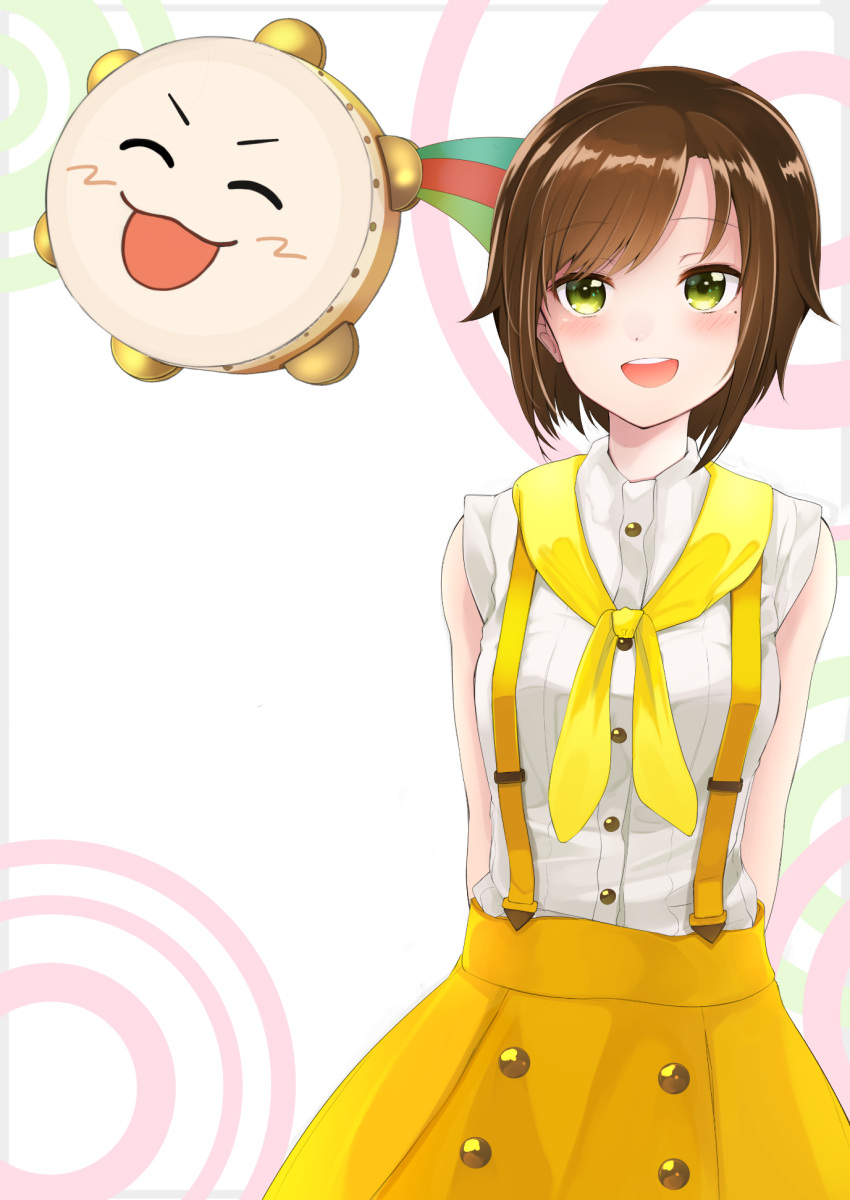 1girl :d ^_^ arms_behind_back bangs bare_shoulders blush brown_hair closed_eyes closed_eyes collared_shirt commentary_request cymbals date_(mamanonamaebot) dress_shirt eyebrows_visible_through_hair green_eyes highres instrument kashiko_mari mari_channel mole mole_under_eye open_mouth orange_skirt round_teeth shirt skirt sleeveless sleeveless_shirt smile solo suspender_skirt suspenders teeth upper_teeth v-shaped_eyebrows virtual_youtuber white_shirt