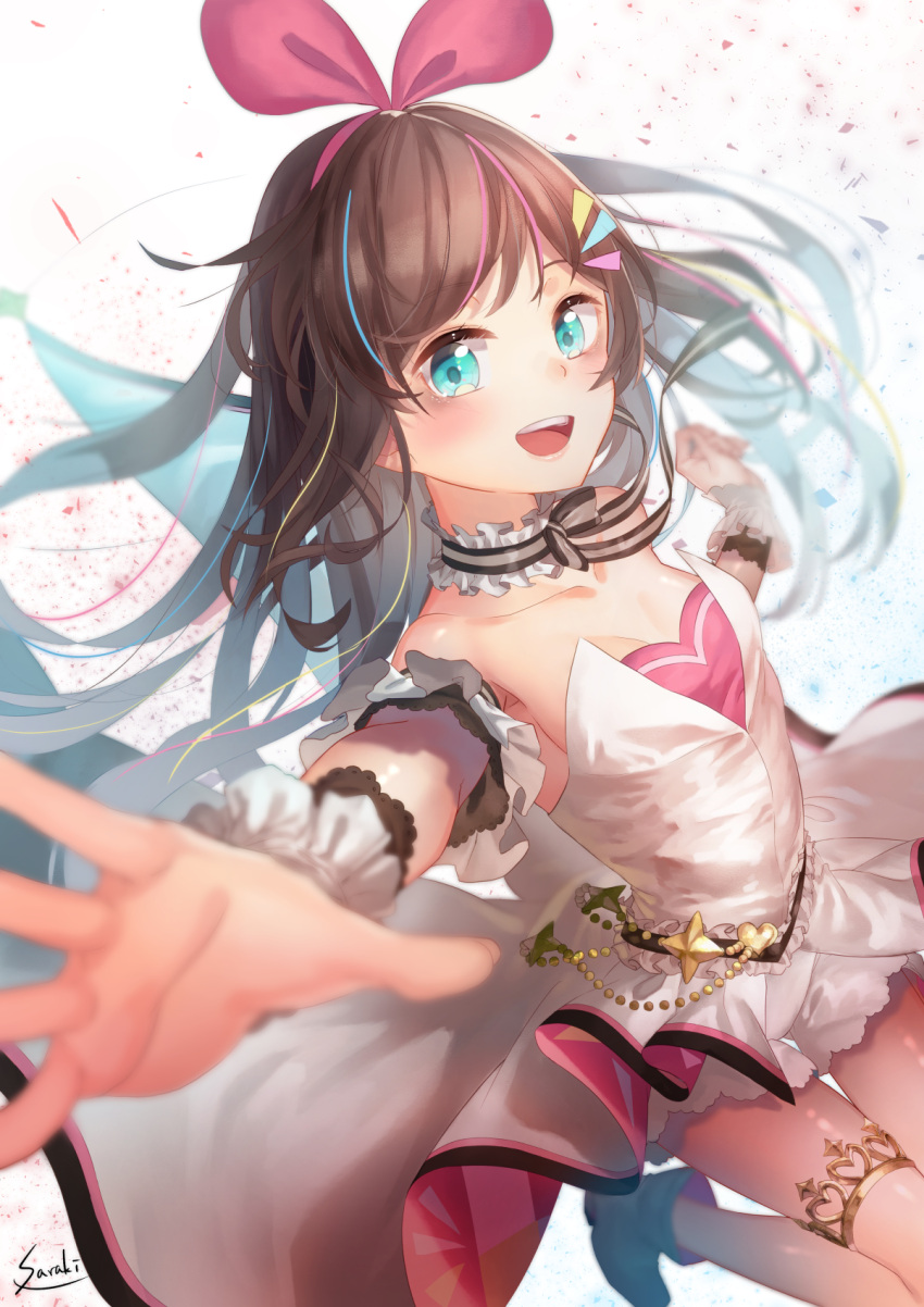 1girl :d a.i._channel bangs bare_shoulders black_bow blurry blurry_background blurry_foreground blush bow breasts brown_hair choker collarbone commentary_request depth_of_field dress eyebrows_visible_through_hair frilled_choker frills green_eyes hair_ribbon heart highres kizuna_ai long_hair looking_at_viewer multicolored_hair open_mouth outstretched_arm pink_hair pink_ribbon ribbon saraki short_shorts shorts small_breasts smile solo strapless strapless_dress streaked_hair striped striped_bow striped_choker upper_teeth very_long_hair white_dress white_shorts wrist_cuffs