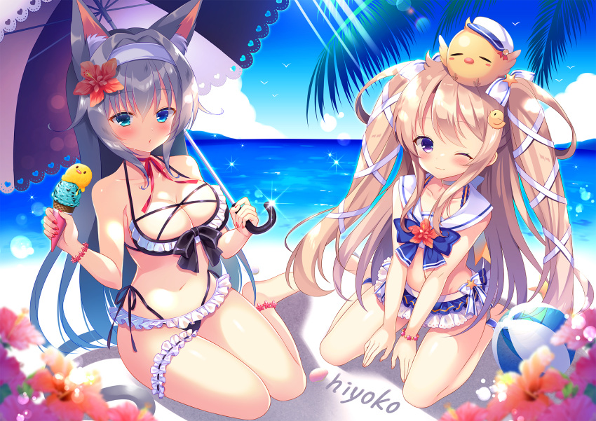 2girls ;3 animal_ears bangs bare_shoulders beach bikini bikini_skirt black_bikini black_bow blonde_hair blue_bow blue_eyes blue_sky blurry blurry_foreground blush bow bow_bikini bracelet breasts cat_ears cat_tail choker cleavage closed_mouth clouds cloudy_sky collarbone day depth_of_field double_scoop eyebrows_visible_through_hair flat_chest flower food frilled_bikini frills grey_hair hair_between_eyes hair_bow hair_flower hair_ornament hair_ribbon hairband hat hibiscus highres holding holding_food holding_umbrella horizon ice_cream ice_cream_cone jewelry large_breasts leg_garter long_hair looking_at_viewer multiple_girls nail_polish navel ocean one_eye_closed orange_flower original outdoors palm_tree pink_flower red_flower red_nails ribbon side-tie_bikini silver_hair sky solo sparkle sweatdrop swimsuit tail tougetsu_hajime tree two_side_up umbrella violet_eyes water wet white_bow white_choker white_hairband white_hat white_ribbon