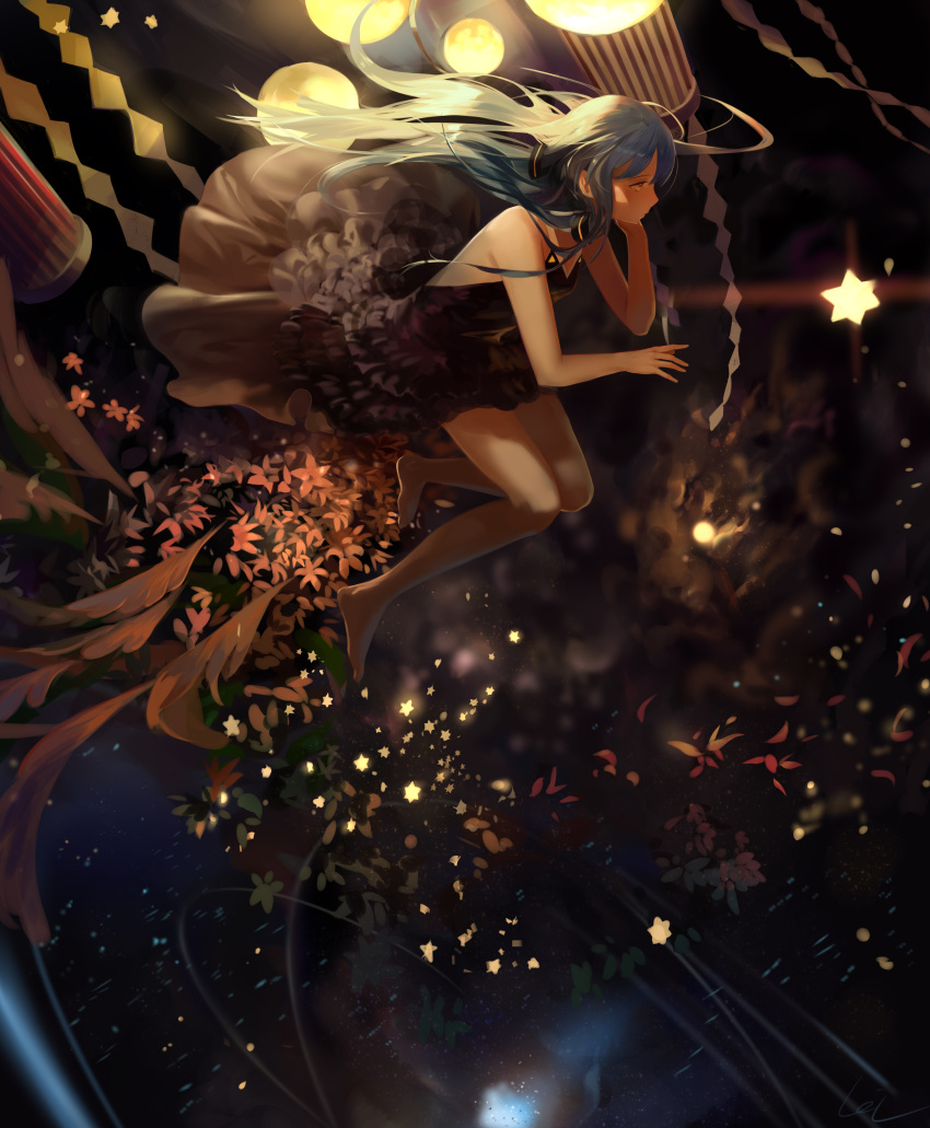 1girl absurdres barefoot black_dress black_ribbon blue_hair brown_eyes dress floating_hair full_body hair_ribbon highres leiq long_hair ribbon short_dress sleeveless sleeveless_dress solo very_long_hair vocaloid vocanese xingchen