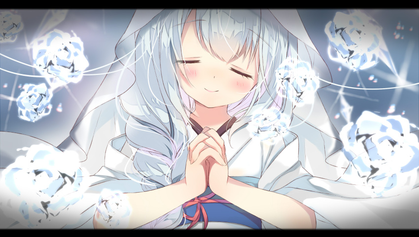 1girl ame_usari bangs blush braid closed_mouth eyebrows_visible_through_hair facing_viewer fingernails flower hands_clasped hands_up highres hiyuki-chan hood hood_up ice japanese_clothes kimono letterboxed long_hair long_sleeves obi own_hands_together rose sash smile solo sound_voltex white_kimono wide_sleeves