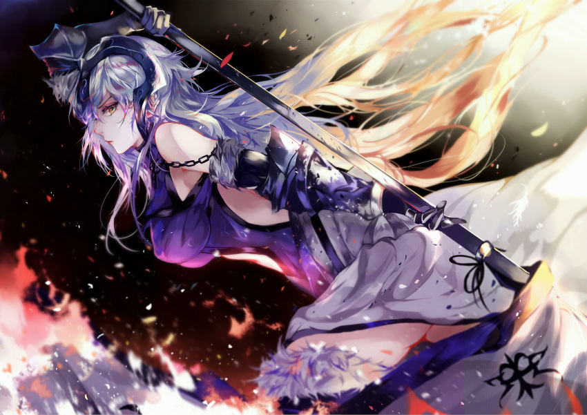 1girl ass back_cutout bare_shoulders breasts cowter erect_nipples expressionless eyelashes fate/grand_order fate_(series) fur_trim gauntlets headpiece highres jeanne_d'arc_(fate) jeanne_d'arc_(fate)_(all) lips long_hair looking_at_viewer looking_to_the_side multicolored_hair running solo standard_bearer two-tone_hair vardan very_long_hair yellow_eyes