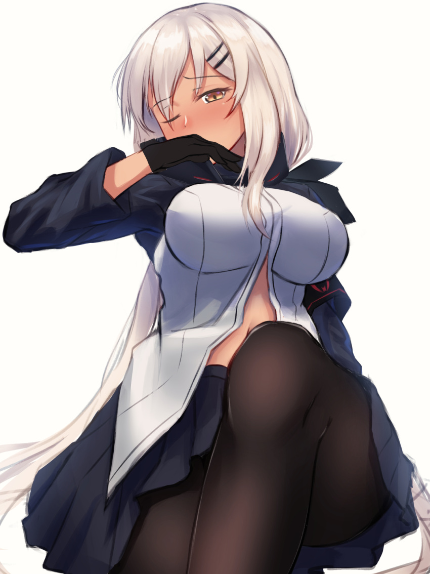 1girl armband bangs black_gloves black_legwear blue_skirt blush book breasts covering_mouth dark_skin eyebrows_visible_through_hair girls_frontline gloves hair_between_eyes hair_ornament hairclip highres knee_up large_breasts long_hair looking_at_viewer midriff mossberg_m590_(girls_frontline) navel one_eye_closed open_book pantyhose pleated_skirt shiroteru sidelocks silver_hair simple_background sitting skirt solo very_long_tail white_background yellow_eyes