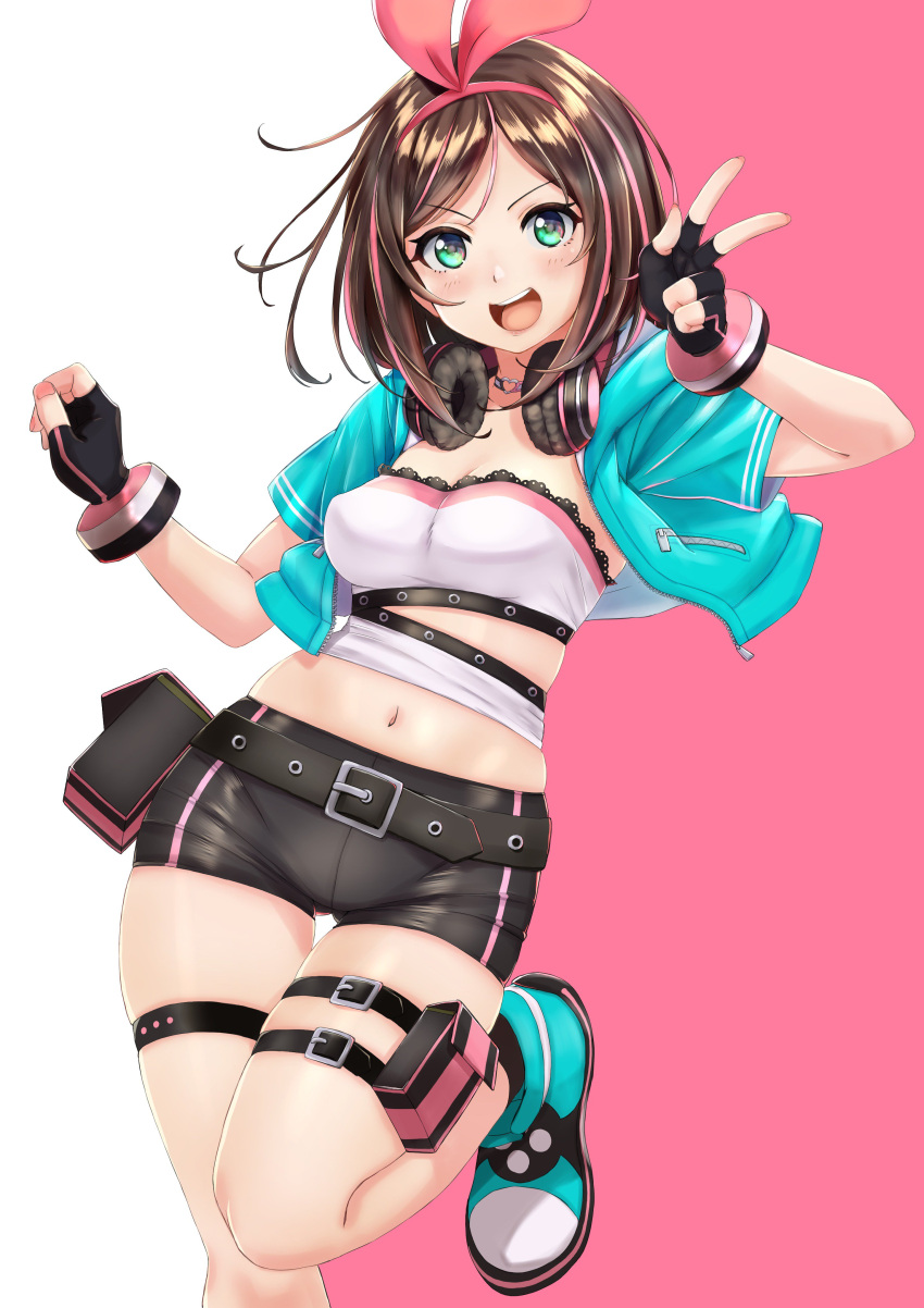 1girl a.i._channel absurdres alternative_costume arm_warmers bangs belt black_shorts bow breasts brown_hair collarbone commentary_request cowboy_shot crop_top eyebrows_visible_through_hair fingerless_gloves gloves green_eyes green_footwear green_jacket hair_between_eyes hairband headphones highres jacket kizuna_ai lace long_hair looking_at_viewer misairu multicolored_hair navel open_mouth pink_background pink_bow pink_hairband pink_ribbon ribbon shirt short_shorts shorts simple_background sleeveless sleeveless_shirt smile solo standing streaked_hair swept_bangs thigh_strap two-tone_hair virtual_youtuber white_background