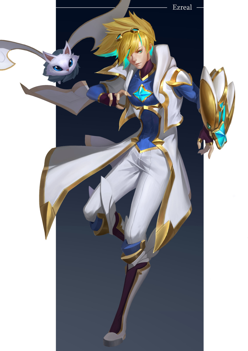 1boy absurdres bangs blonde_hair blue_background blue_shirt boots character_name closed_mouth coat creature ezreal fingerless_gloves full_body gloves goggles goggles_on_head green_eyes hair_over_one_eye hand_up highres knee_boots league_of_legends leg_up long_sleeves looking_at_viewer male_focus multicolored_hair open_clothes open_coat pants purple_footwear purple_gloves shirt standing standing_on_one_leg streaked_hair turtleneck weapon white_coat white_footwear white_pants winged_boots zhen_guodong