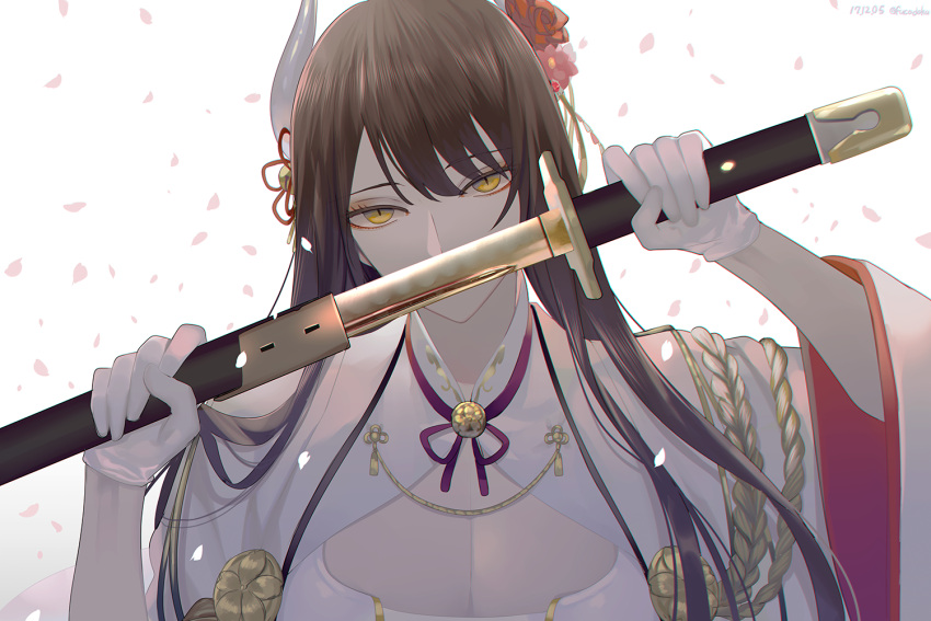 1girl azur_lane black_hair breasts cleavage cleavage_cutout commentary_request flower fucodoku hair_flower hair_ornament hiei_(azur_lane) horns katana long_hair looking_at_viewer medium_breasts petals simple_background solo sword twitter_username upper_body weapon white_background yellow_eyes