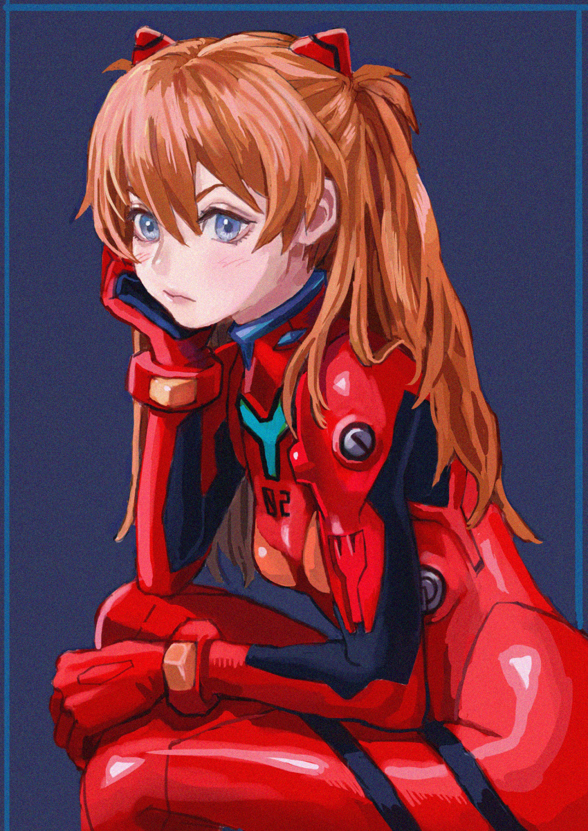 1girl bangs blue_eyes blush bodysuit breasts gloves hair_between_eyes hair_ornament highres long_hair looking_at_viewer neon_genesis_evangelion orange_hair pilot_suit plugsuit red_bodysuit shiren_(ourboy83) simple_background small_breasts solo souryuu_asuka_langley