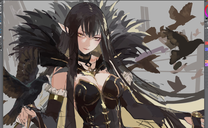 1girl absurdly_long_hair bird bird_on_hand black_dress black_hair breasts bridal_gauntlets cleavage closed_mouth commentary_request crow detached_sleeves dress fate/apocrypha fate/grand_order fate_(series) fur_trim highres large_breasts long_dress long_hair luin_y photoshop_(medium) pointy_ears red_lips semiramis_(fate) slit_pupils spikes very_long_hair work_in_progress yellow_eyes