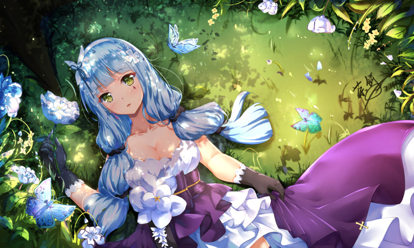 1girl animal bangs bare_shoulders black_gloves black_scrunchie blue_hair blush breasts bug butterfly chahei cleavage closed_mouth collarbone commentary_request dated day dress dutch_angle earrings eyebrows_visible_through_hair facial_mark flower girls_frontline gloves green_eyes hair_ornament hair_scrunchie hand_up highres hk416_(girls_frontline) holding holding_flower insect jewelry long_hair looking_at_viewer lying medium_breasts on_back outdoors purple_dress roots sash scrunchie signature solo strapless strapless_dress very_long_hair white_flower yellow_flower