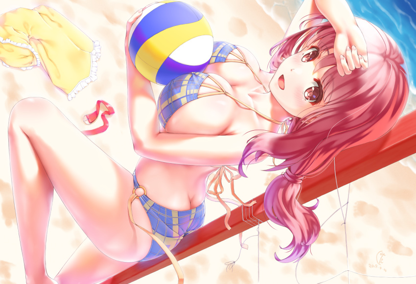 1girl ass beach beach_volleyball between_buttocks blue_swimsuit breasts brown_eyes brown_hair butt_crack cleavage clothes_removed dutch_angle feet_out_of_frame harukana_receive highres jiangjin_nanyun_zhi_(kumita) long_hair looking_at_viewer low-tied_long_hair o-ring o-ring_bikini o-ring_bottom oozora_haruka_(harukana_receive) open_mouth sand solo swimsuit water