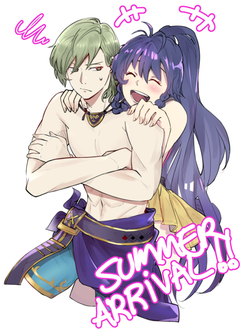 /\/\/\ 1boy 1girl abs absurdres blue_hair blush braid brother_and_sister closed_eyes clothes_around_waist cowboy_shot crossed_arms ebinku english fire_emblem fire_emblem:_seima_no_kouseki fire_emblem_heroes frown green_eyes green_hair highres hug hug_from_behind innes jewelry laughing long_hair looking_at_another navel necklace open_mouth ponytail shirtless short_hair shorts siblings simple_background smile squiggle sweatdrop swimsuit tana twin_braids white_background