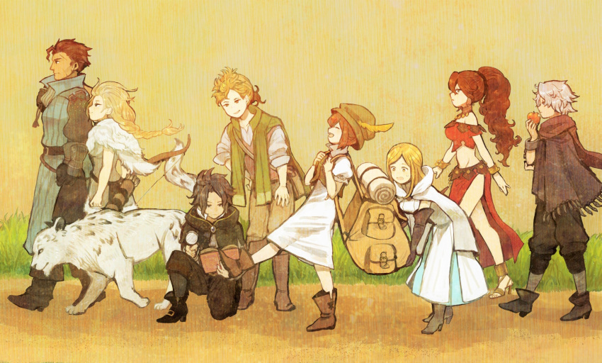 4boys 4girls alfyn_(octopath_traveler) animal apple bare_shoulders black_hair blonde_hair book boots bow_(weapon) bracelet brown_hair closed_eyes closed_mouth cyrus_(octopath_traveler) elbow_gloves everyone food fruit gloves h'aanit_(octopath_traveler) hat high_heels highres jewelry kneeling long_hair looking_at_another magnifying_glass midriff mozuku_(mozuuru0323) multiple_boys multiple_girls necklace octopath_traveler olberic_eisenberg open_book open_mouth ophilia_(octopath_traveler) ponytail primrose_azelhart profile quiver scar scarf short_hair side_slit therion_(octopath_traveler) tressa_(octopath_traveler) walking weapon