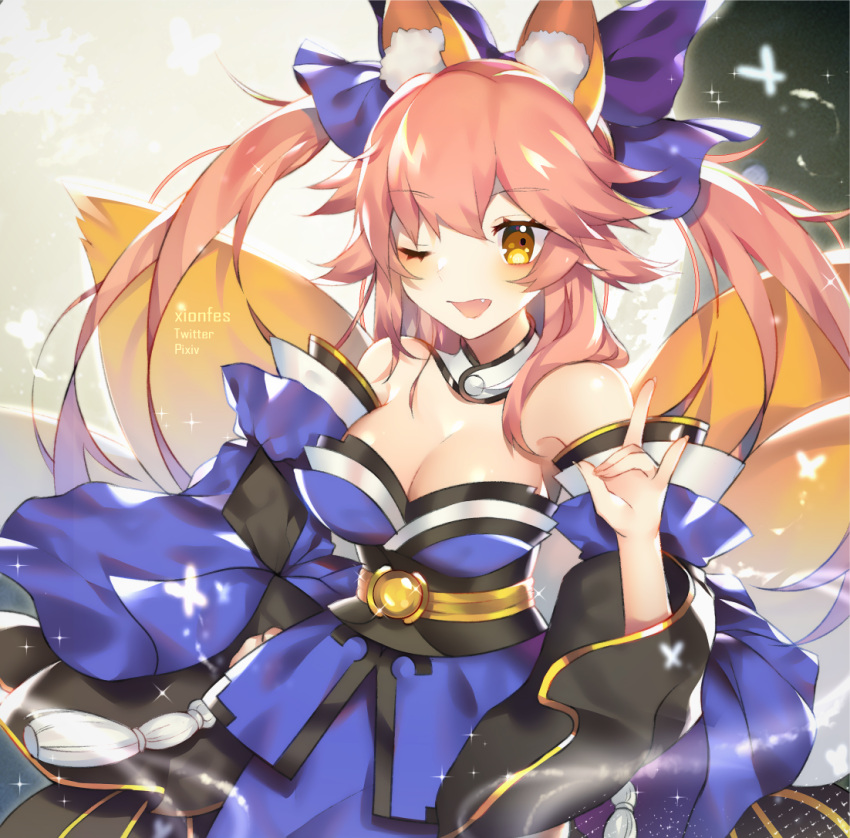 1girl animal_ears blue_ribbon breasts bug butterfly cleavage detached_sleeves fang fate/extra fate/grand_order fate_(series) fox_ears fox_shadow_puppet fox_tail hair_ribbon insect japanese_clothes large_breasts looking_at_viewer moon multiple_tails open_mouth pink_hair ribbon tail tamamo_(fate)_(all) tamamo_no_mae_(fate) twitter_username type-moon xionfes yellow_eyes