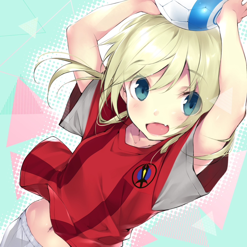 1girl :d absurdres arms_up ball bangs belly_peek blonde_hair blue_eyes commentary_request copyright_request eyebrows_visible_through_hair fang hario_4 highres holding holding_ball logo medium_hair navel open_mouth shirt_lift short_sleeves smile soccer_ball soccer_uniform solo sportswear
