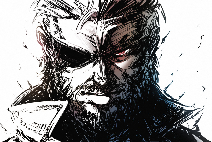 1boy beard big_boss eyepatch facial_hair high_collar imizu_(nitro_unknown) looking_at_viewer male_focus manly metal_gear_(series) metal_gear_solid metal_gear_solid_3 portrait red_eyes solo spot_color