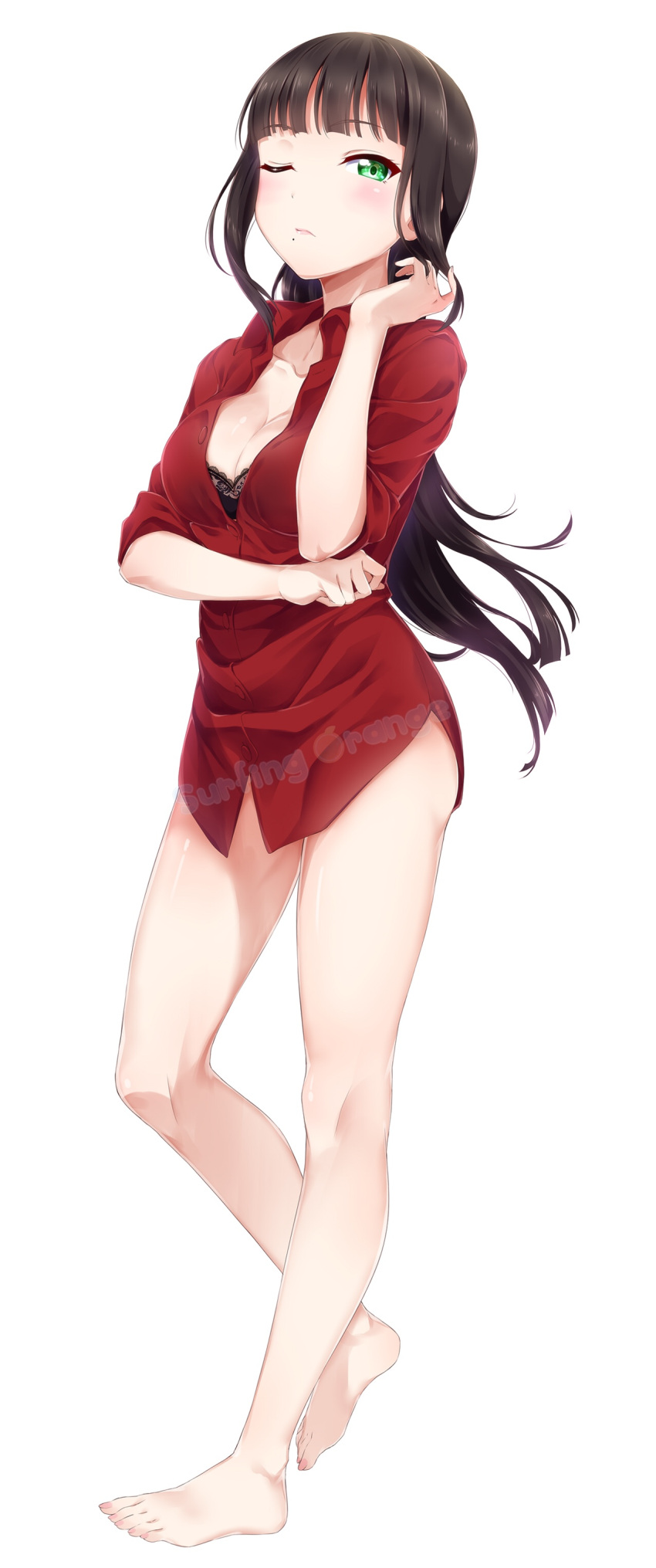1girl absurdres artist_name barefoot black_bra bra breasts brown_hair cleavage collarbone dress_shirt eyebrows_visible_through_hair floating_hair full_body green_eyes highres kurosawa_dia leg_up long_hair love_live! love_live!_sunshine!! medium_breasts mole mole_under_mouth one_eye_closed red_shirt shirt simple_background solo standing standing_on_one_leg surfing_orange underwear very_long_hair watermark white_background