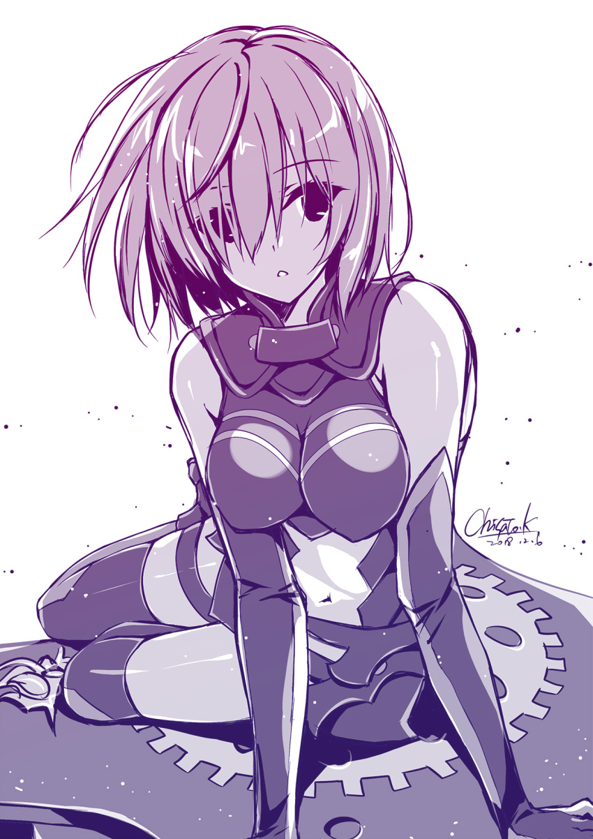 armor eyebrows_visible_through_hair eyes_visible_through_hair fate/grand_order fate_(series) highres kobayashi_chisato mash_kyrielight navel short_hair simple_background sketch