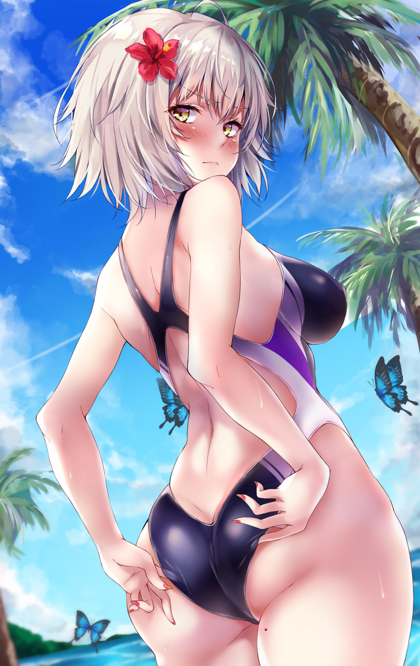 absurdres adjusting_clothes adjusting_swimsuit ahoge alternate_costume ass back bangs blue_butterfly blue_sky blush breasts bug closed_mouth clouds cloudy_sky cowboy_shot day dutch_angle eyebrows_visible_through_hair fate/grand_order fate_(series) flower frown grey_hair hair_flower hair_ornament hibiscus highres horizon jeanne_d'arc_(alter)_(fate) jeanne_d'arc_(fate)_(all) looking_at_viewer looking_back marisasu_(marisa0904) medium_breasts mole_on_thigh nail_polish ocean one-piece_swimsuit palm_tree red_flower red_nails school_swimsuit short_hair shoulder_blades sidelocks silver_hair sky standing swimsuit thighs tree wet yellow_eyes