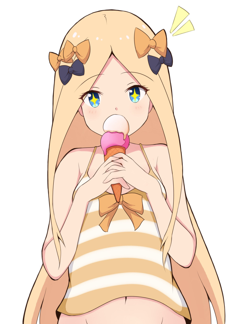 +_+ 1girl abigail_williams_(fate/grand_order) absurdres bangs bare_arms bare_shoulders black_bow blonde_hair blue_eyes blush bow camisole commentary_request covered_mouth double_scoop eyebrows_visible_through_hair fate/grand_order fate_(series) food forehead groin hair_bow highres holding holding_food ice_cream ice_cream_cone long_hair mitchi navel orange_bow parted_bangs simple_background solo striped striped_camisole upper_body very_long_hair white_background